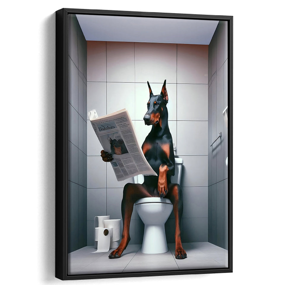 Doberman Framed Canvas Prints Wall Art, Funny Bathroom Decor, Doberman In Toilet