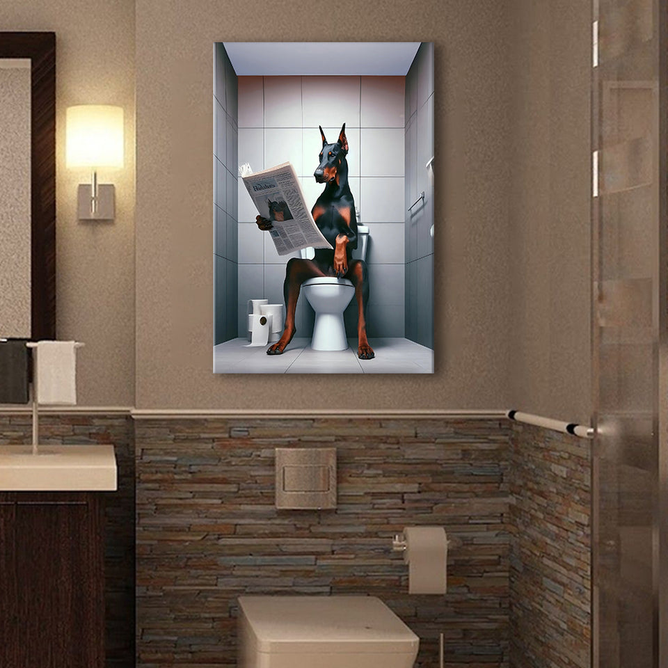Doberman Canvas Prints Wall Art, Funny Bathroom Decor, Doberman in Toilet