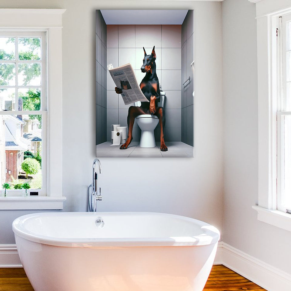 Doberman Canvas Prints Wall Art, Funny Bathroom Decor, Doberman in Toilet