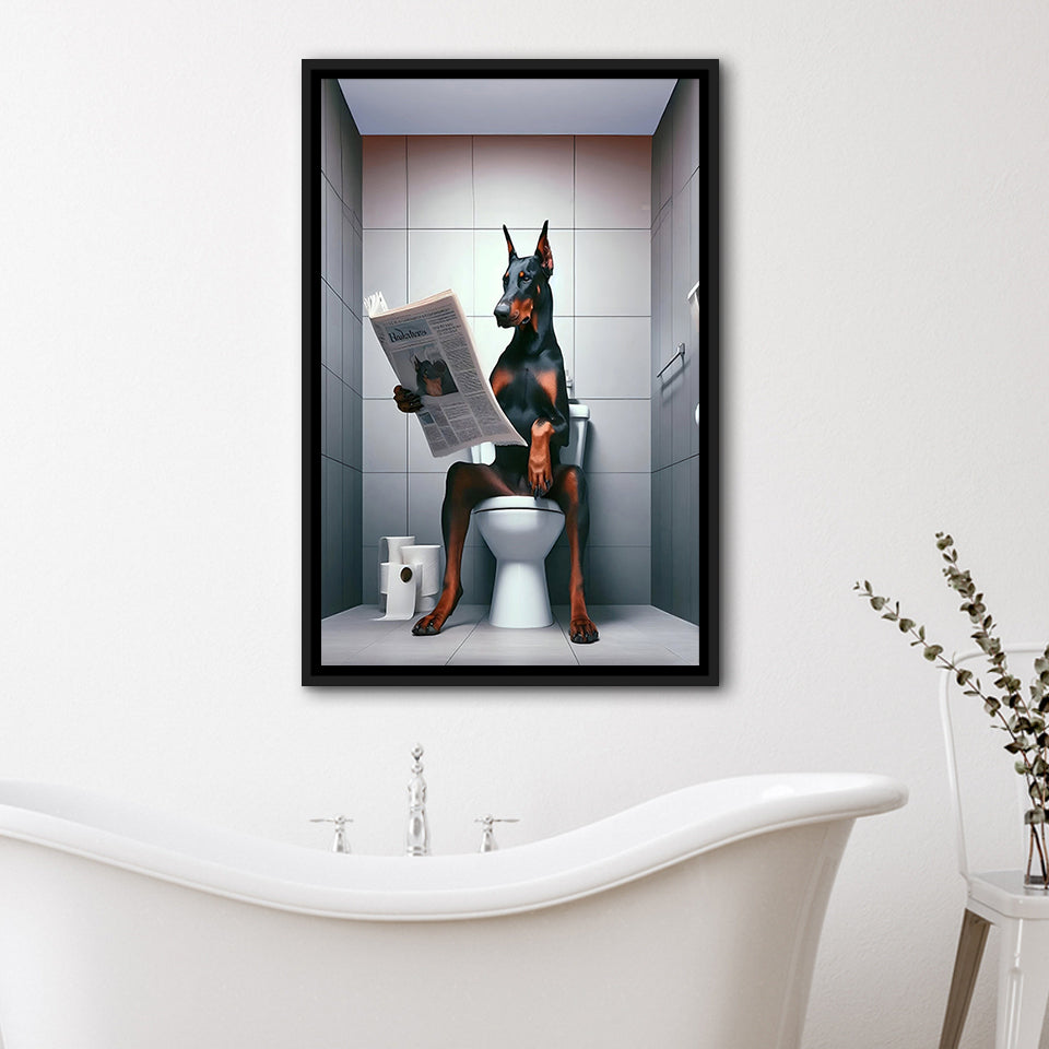 Doberman Framed Canvas Prints Wall Art, Funny Bathroom Decor, Doberman In Toilet