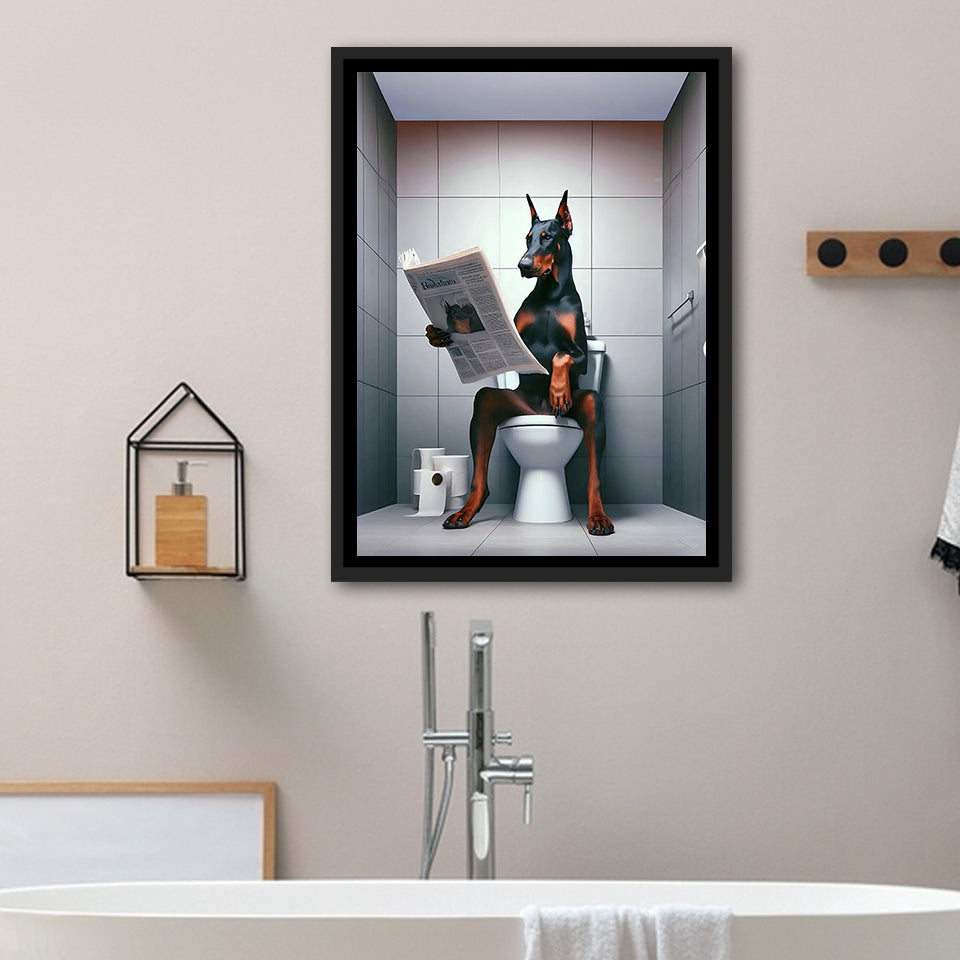 Doberman Framed Canvas Prints Wall Art, Funny Bathroom Decor, Doberman In Toilet