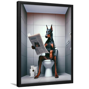 Doberman Framed Art Print Wall Decor, Funny Bathroom Decor, Doberman In Toilet