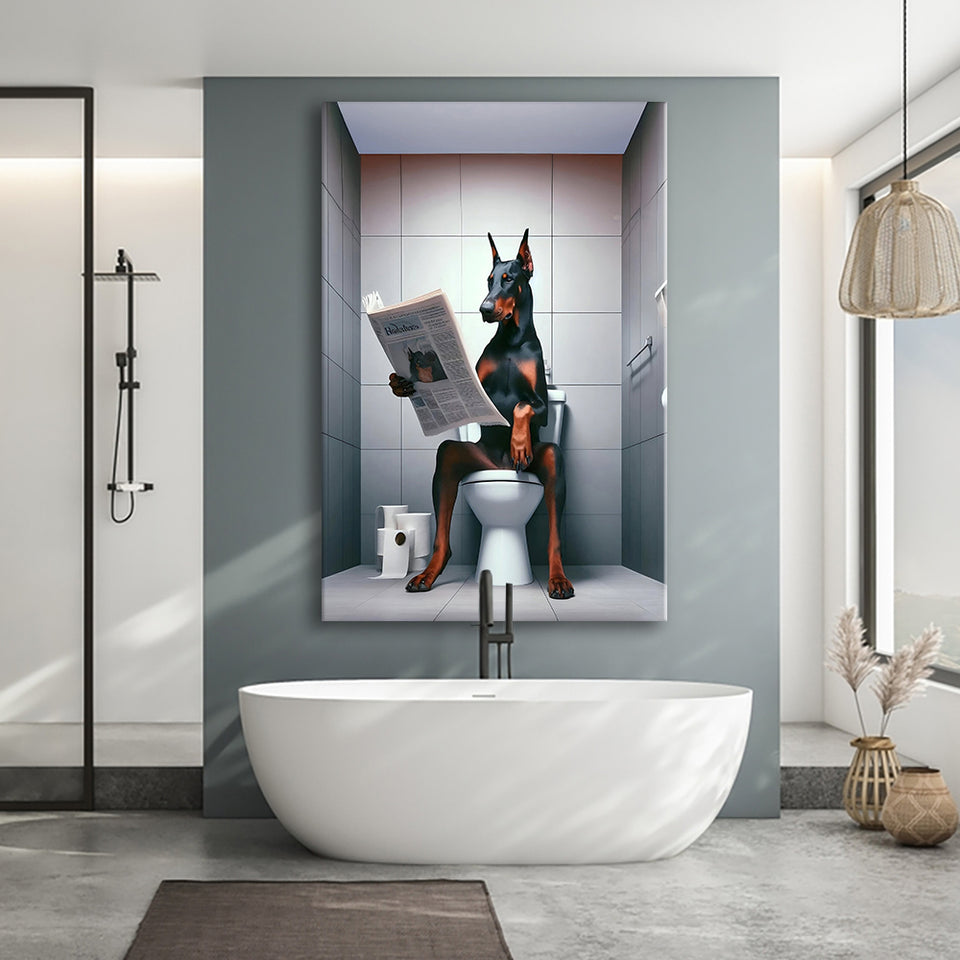 Doberman Canvas Prints Wall Art, Funny Bathroom Decor, Doberman in Toilet