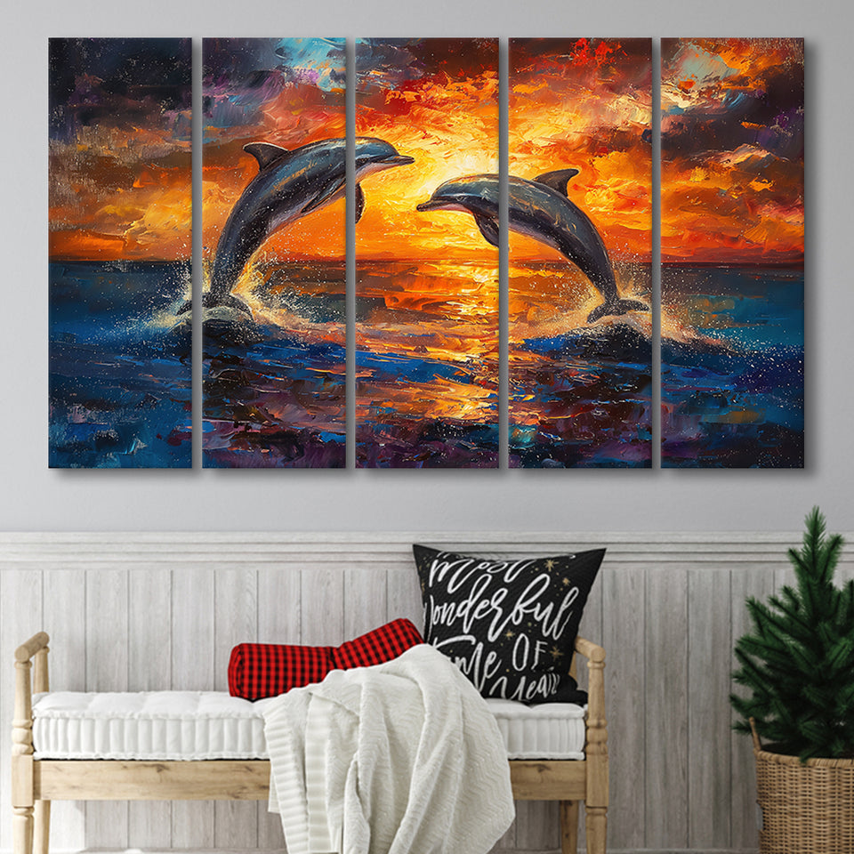 Dolphin In Sunset View Acrylic Painting, Extra Large Canvas, Canvas Print Wall Art Decor