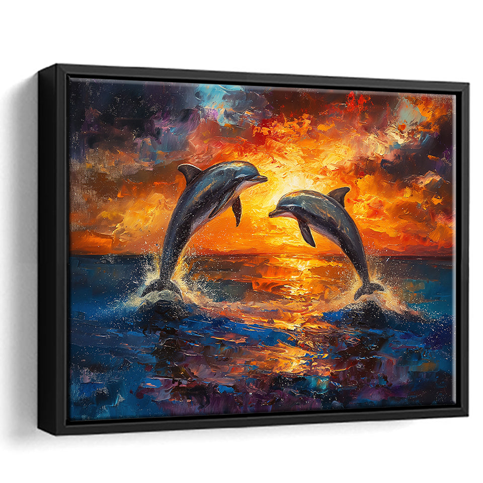 Dolphin In Sunset View Acrylic Painting, Floating Frame, Framed