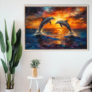 Dolphin In Sunset View Acrylic Painting, Floating Frame, Framed Canvas Print Wall Art Home Decor