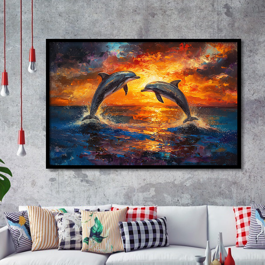 Dolphin In Sunset View Acrylic Painting, Painting Art, Framed Art Print Wall Art Home Decor