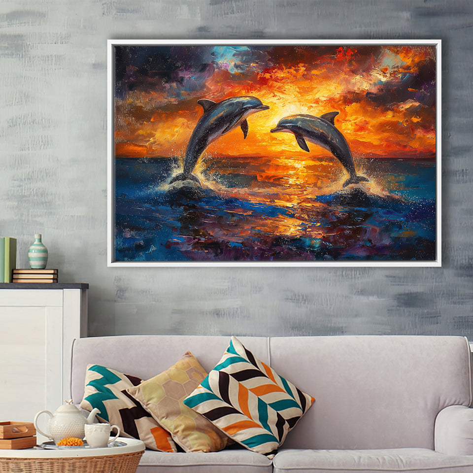 Dolphin In Sunset View Acrylic Painting, Floating Frame, Framed Canvas Print Wall Art Home Decor