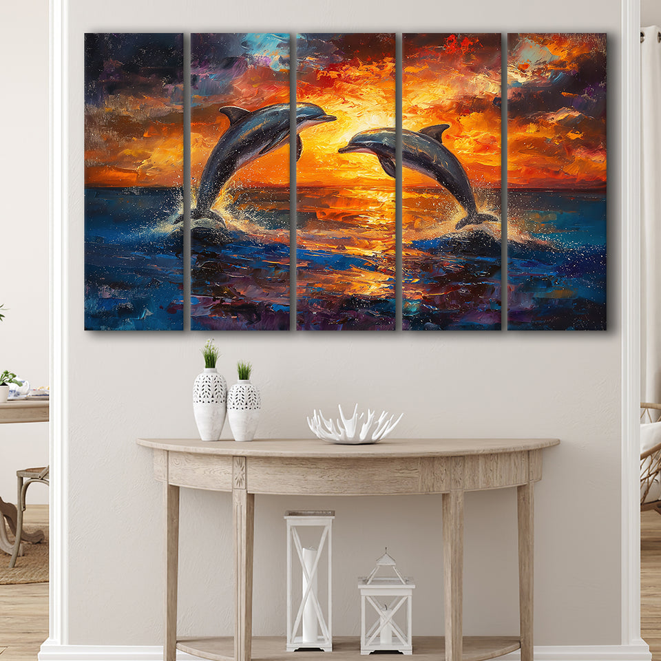 Dolphin In Sunset View Acrylic Painting, Extra Large Canvas, Canvas Print Wall Art Decor