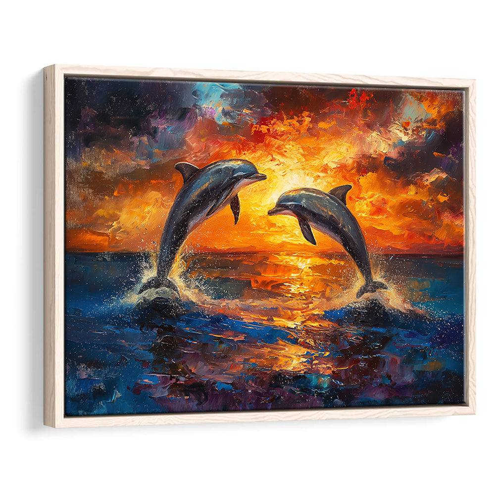 Dolphin In Sunset View Acrylic Painting, Floating Frame, Framed