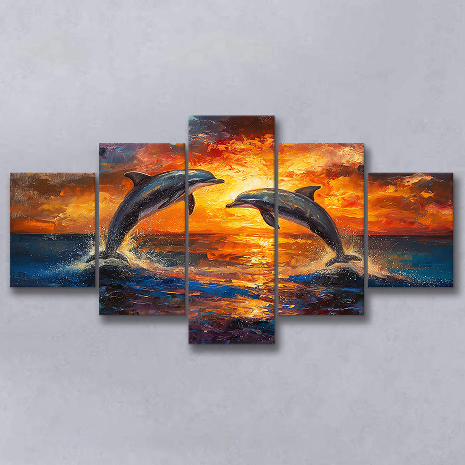Dolphin In Sunset View Acrylic Painting, Multi Panel,Mixed Canvas Print Wall Art Decor