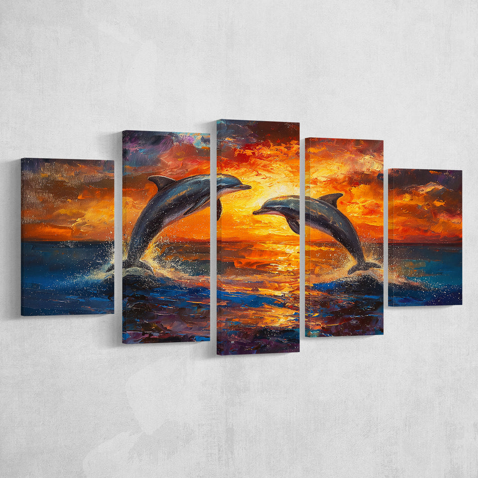 Dolphin In Sunset View Acrylic Painting, Multi Panel,Mixed Canvas Print Wall Art Decor