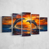 Dolphin In Sunset View Acrylic Painting, Multi Panel,Mixed Canvas Print Wall Art Decor