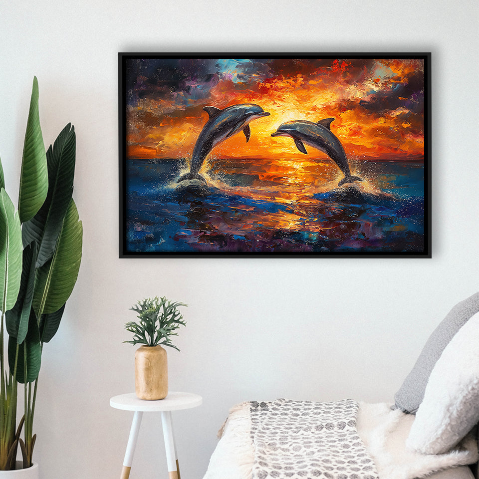 Dolphin In Sunset View Acrylic Painting, Floating Frame, Framed Canvas Print Wall Art Home Decor