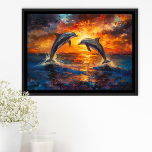 Dolphin In Sunset View Acrylic Painting, Floating Frame, Framed Canvas Print Wall Art Home Decor