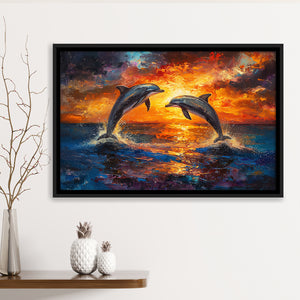 Dolphin In Sunset View Acrylic Painting, Floating Frame, Framed Canvas Print Wall Art Home Decor