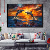 Dolphin In Sunset View Acrylic Painting, Floating Frame, Framed Canvas Print Wall Art Home Decor