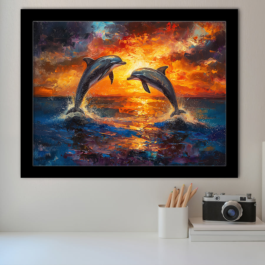 Dolphin In Sunset View Acrylic Painting, Painting Art, Framed Art Print Wall Art Home Decor