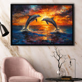 Dolphin In Sunset View Acrylic Painting, Floating Frame, Framed Canvas Print Wall Art Home Decor