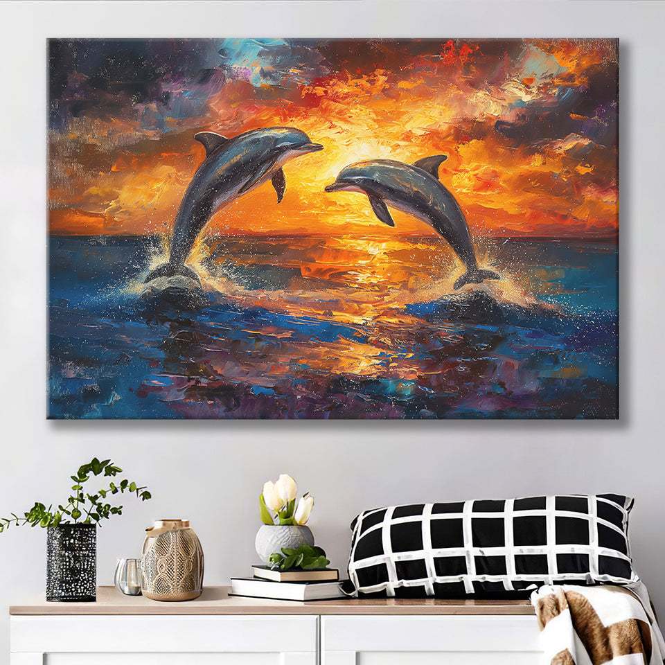 Dolphin In Sunset View Acrylic Painting, Art Print, Canvas Print