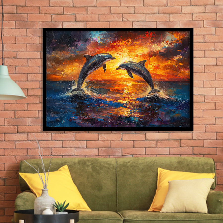 Dolphin In Sunset View Acrylic Painting, Painting Art, Framed Art Print Wall Art Home Decor