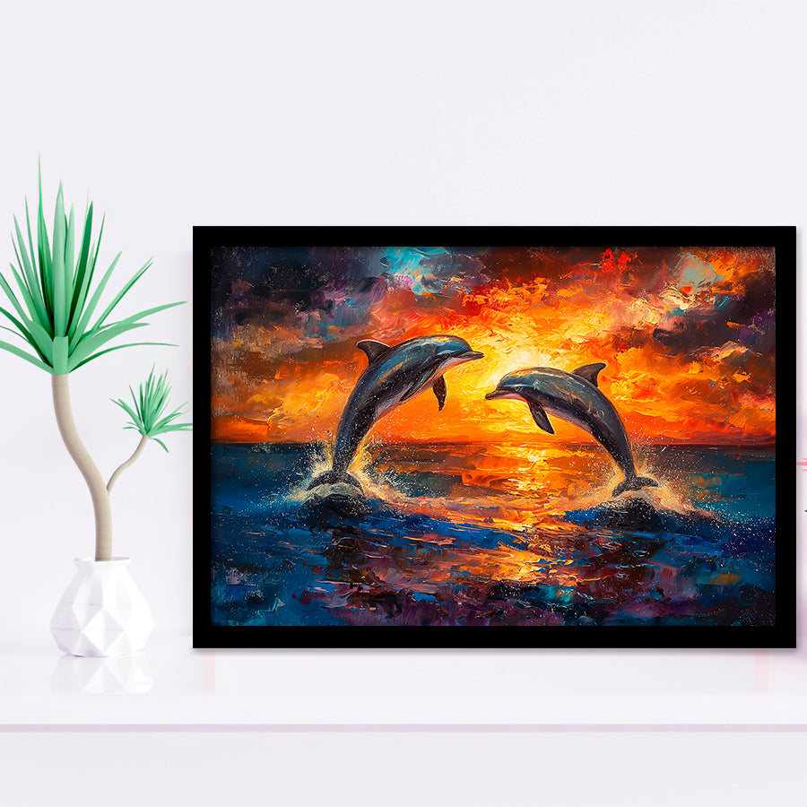 Dolphin In Sunset View Acrylic Painting, Painting Art, Framed Art Print Wall Art Home Decor