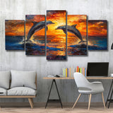 Dolphin In Sunset View Acrylic Painting, Multi Panel,Mixed Canvas Print Wall Art Decor