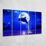 Dolphin Jumping Under The Blue Moon, Extra Large Multi 5 Panel Canvas Print Wall Art Decor