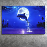 Dolphin jumping under the blue moon, Canvas Print Wall Art Decor, Landscape Art Print