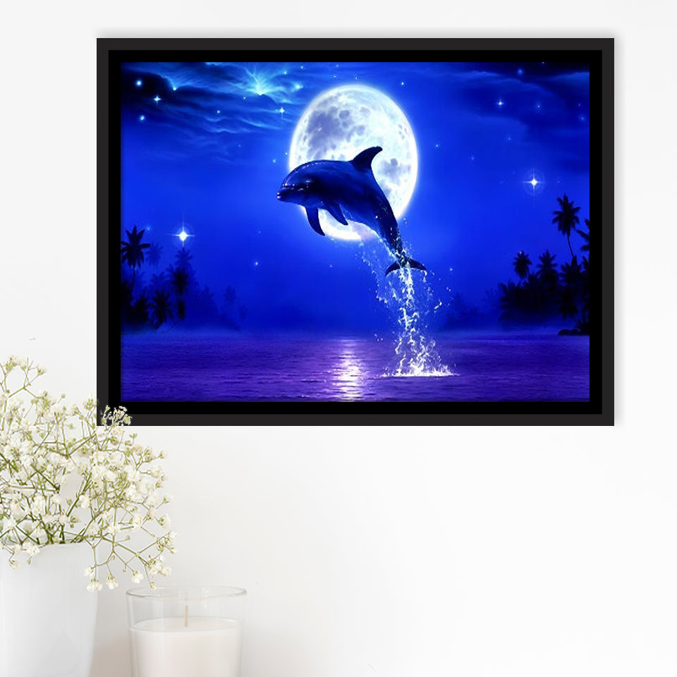 Dolphin Jumping Under The Blue Moon, Framed Canvas Print Wall Art Decor,Floating Frame