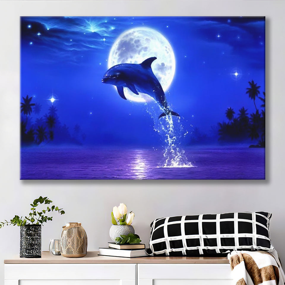 Dolphin jumping under the blue moon, Canvas Print Wall Art Decor, Landscape Art Print