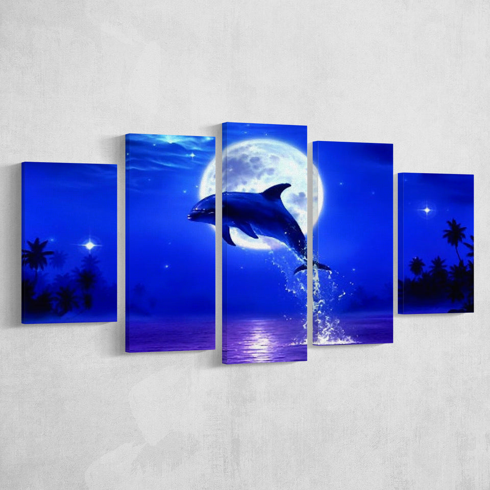 Dolphin Jumping Under The Blue Moon, Multi Panel Canvas Print Wall Art Decor, 5 Mixed Panel