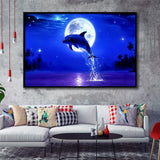 Dolphin Jumping Under The Blue Moon, Framed Canvas Print Wall Art Decor,Floating Frame