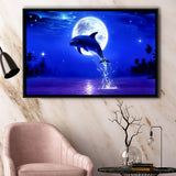 Dolphin Jumping Under The Blue Moon, Framed Canvas Print Wall Art Decor,Floating Frame
