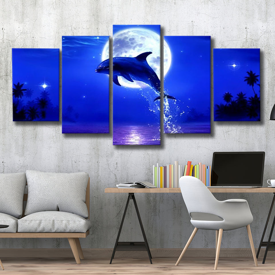 Dolphin Jumping Under The Blue Moon, Multi Panel Canvas Print Wall Art Decor, 5 Mixed Panel