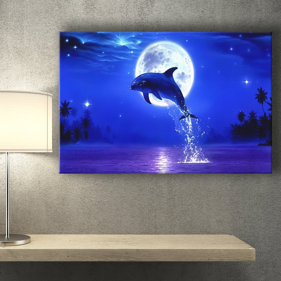 Dolphin jumping under the blue moon, Canvas Print Wall Art Decor, Landscape Art Print