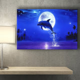 Dolphin jumping under the blue moon, Canvas Print Wall Art Decor, Landscape Art Print