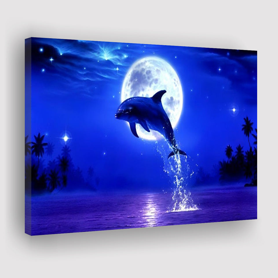 Dolphin jumping under the blue moon, Canvas Print Wall Art Decor, Landscape Art Print