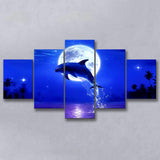 Dolphin Jumping Under The Blue Moon, Multi Panel Canvas Print Wall Art Decor, 5 Mixed Panel