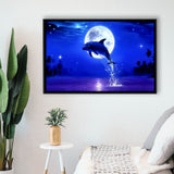 Dolphin Jumping Under The Blue Moon, Framed Canvas Print Wall Art Decor,Floating Frame