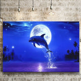 Dolphin jumping under the blue moon, Canvas Print Wall Art Decor, Landscape Art Print