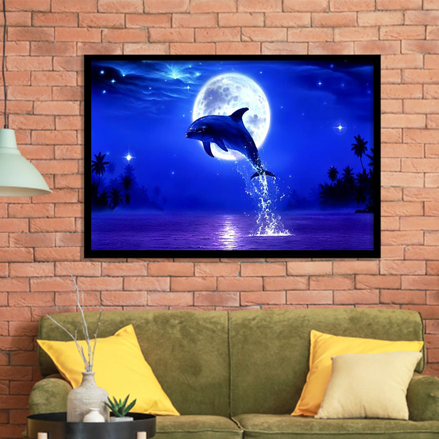 Dolphin Jumping Under The Blue Moon, Framed Art Print Wall Decor, Framed Picture