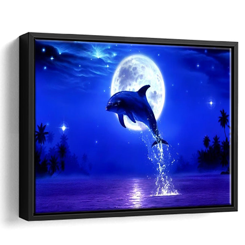 Dolphin Jumping Under The Blue Moon, Framed Canvas Print Wall Art Decor,Floating Frame