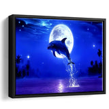Dolphin Jumping Under The Blue Moon, Framed Canvas Print Wall Art Decor,Floating Frame