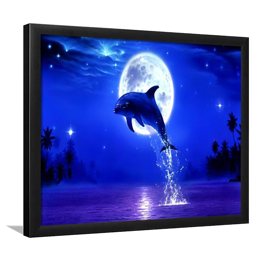 Dolphin Jumping Under The Blue Moon, Framed Art Print Wall Decor, Framed Picture