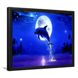 Dolphin Jumping Under The Blue Moon, Framed Art Print Wall Decor, Framed Picture