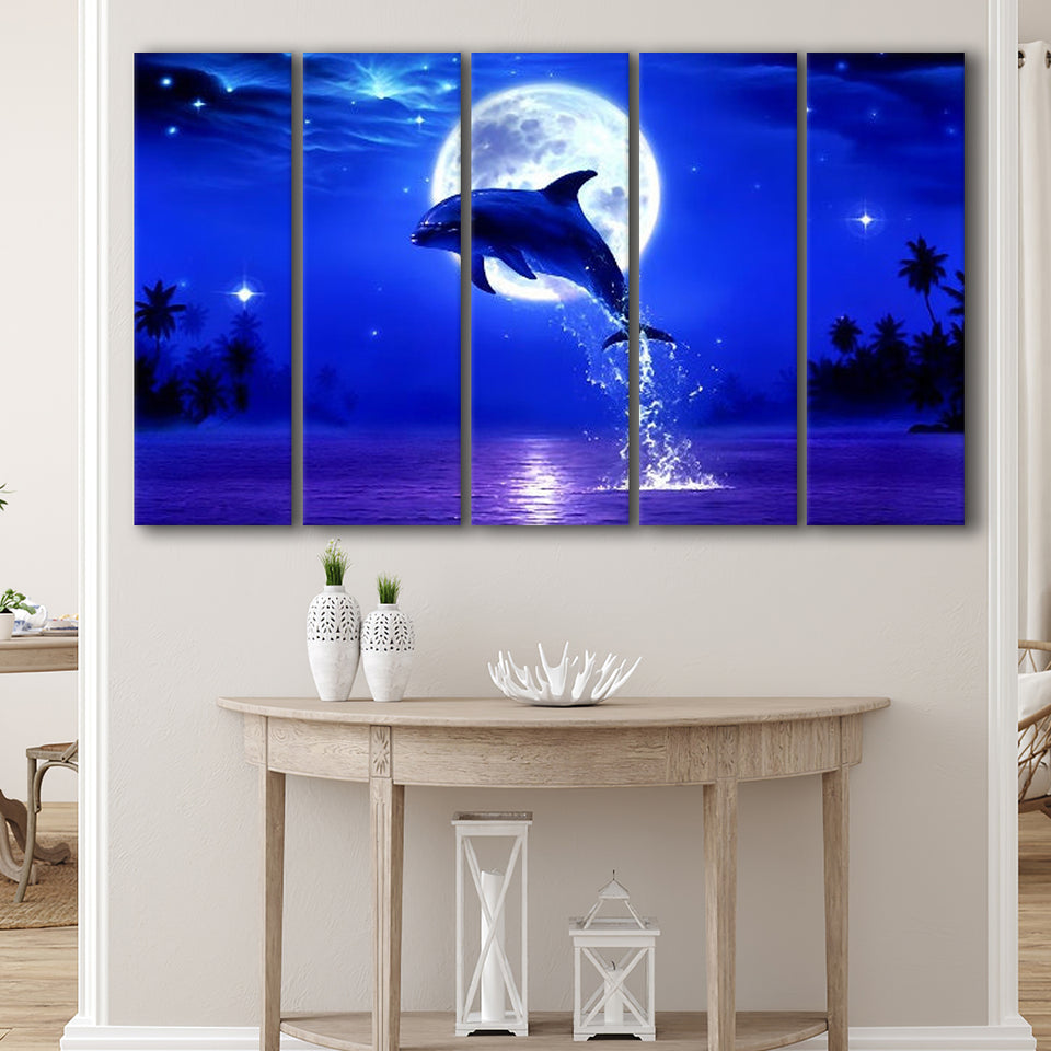 Dolphin Jumping Under The Blue Moon, Extra Large Multi 5 Panel Canvas Print Wall Art Decor