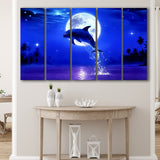 Dolphin Jumping Under The Blue Moon, Extra Large Multi 5 Panel Canvas Print Wall Art Decor