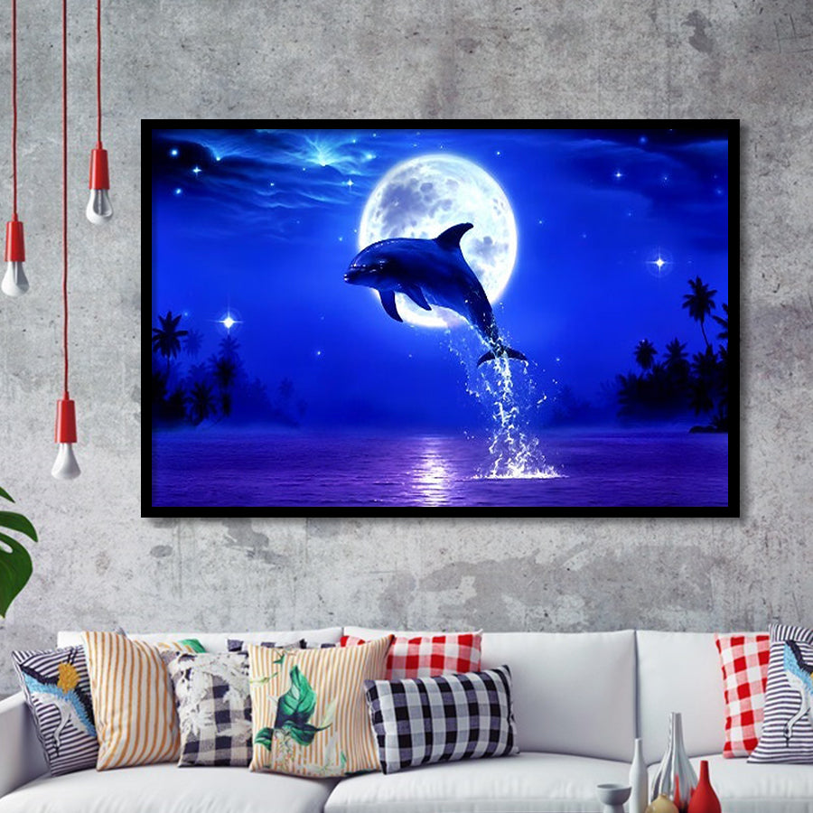 Dolphin Jumping Under The Blue Moon, Framed Art Print Wall Decor, Framed Picture