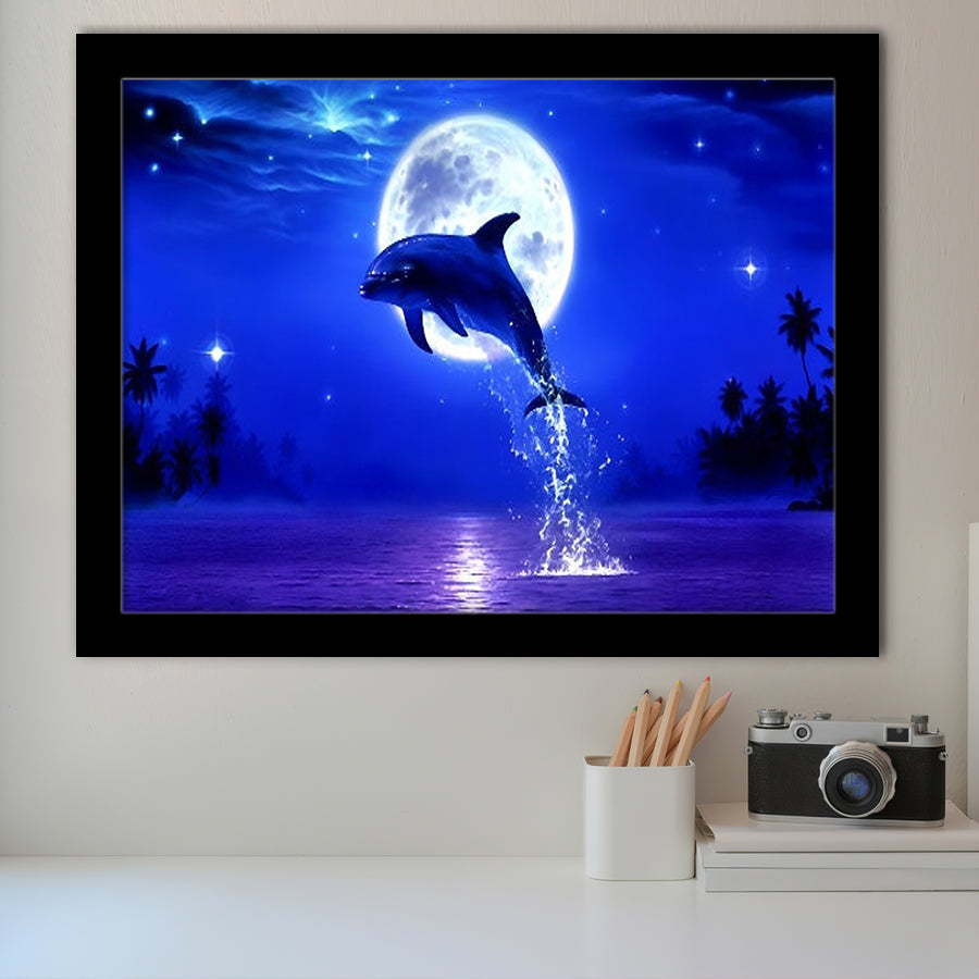 Dolphin Jumping Under The Blue Moon, Framed Art Print Wall Decor, Framed Picture